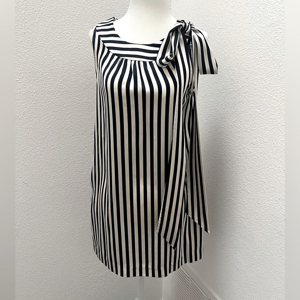 Mason by Michelle Mason Black and White Striped Sheath Dress with Tied Bow